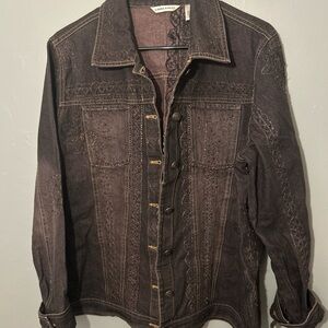 Laura Ashley Dark Grey Black Denim Jacket Size Large Embellished Embroidered